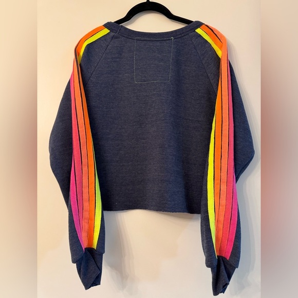 Aviator Nation BOLT CLASSIC CROPPED CREW SWEATSHIRT - HEATHER NAVY NEON STRIPES - Picture 5 of 8